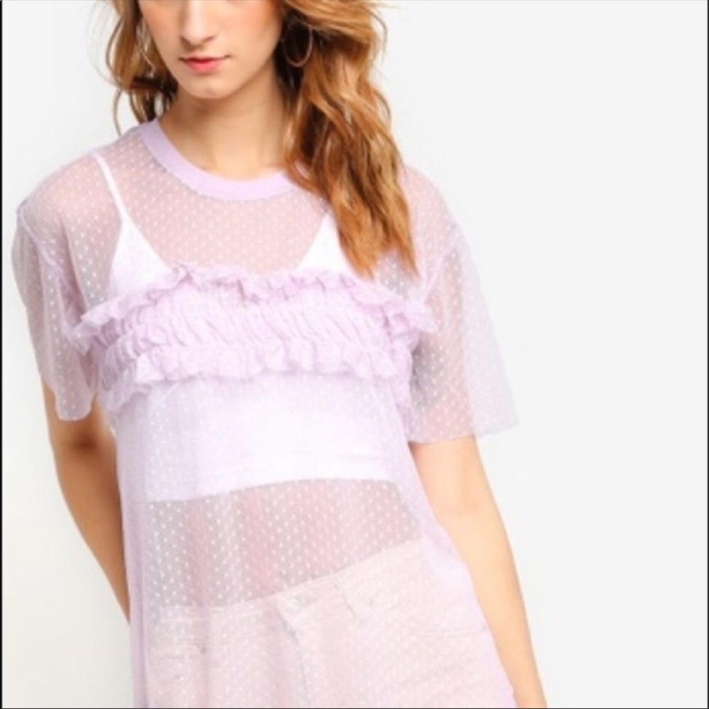 Topshop Dobby Sheer Ruffle Front Top Size 6 Dotted Swiss Detail